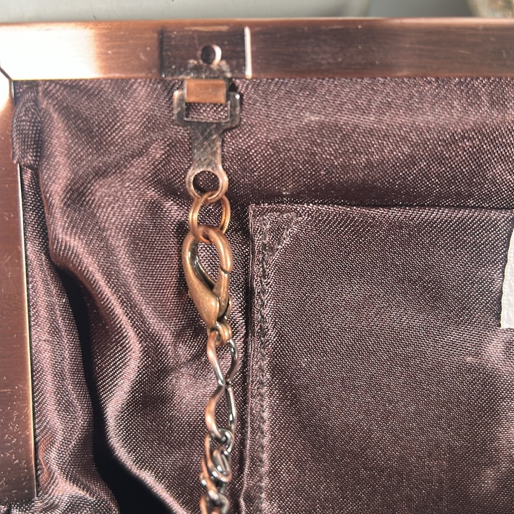 Carlo Fellini Beaded Kiss Lock Crossbody Clutch Wristlet 2 Chains Brown Copper - Picture 7 of 15